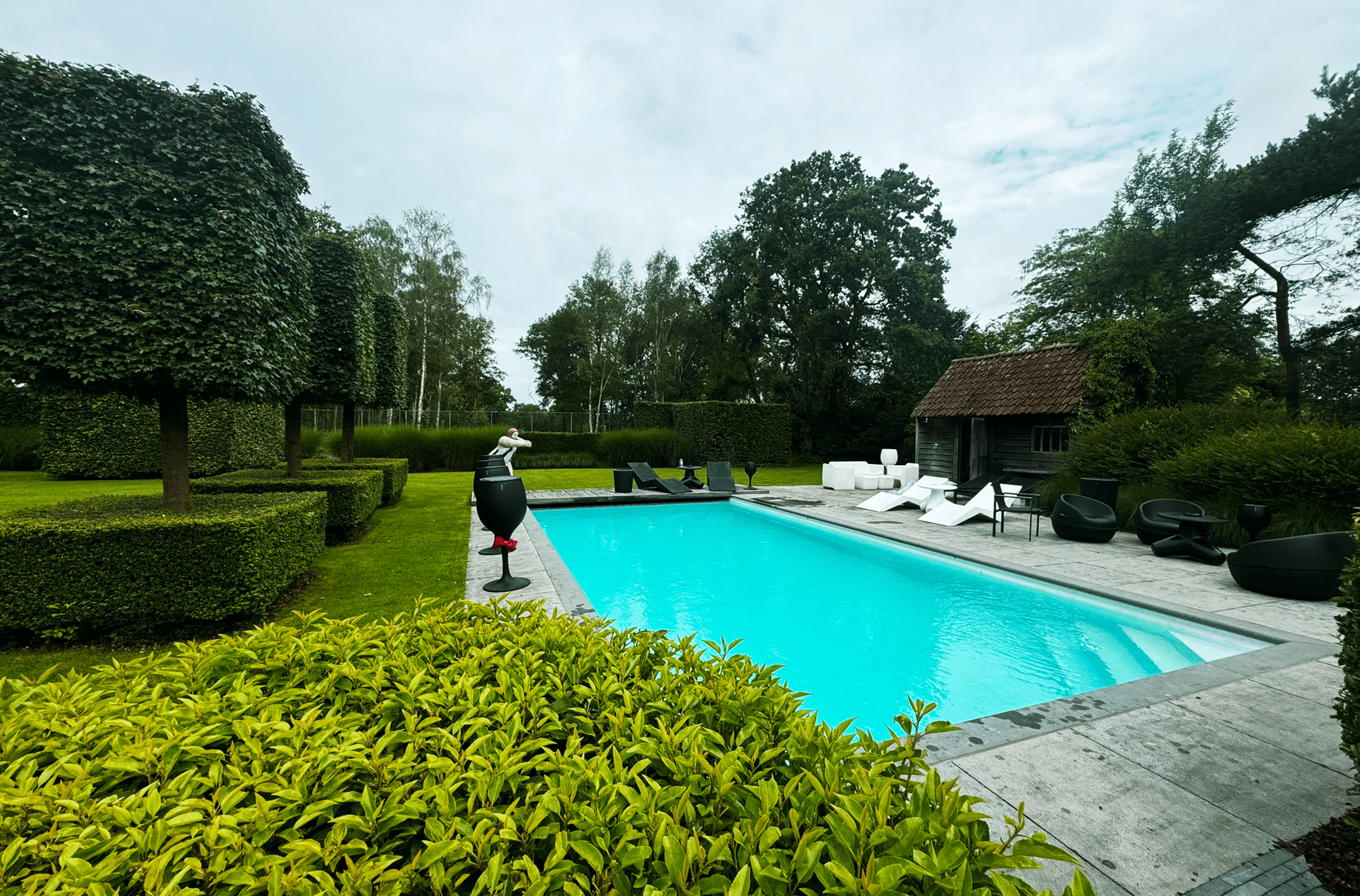 zwembad in tuin met ligstoelen en tuinhuis